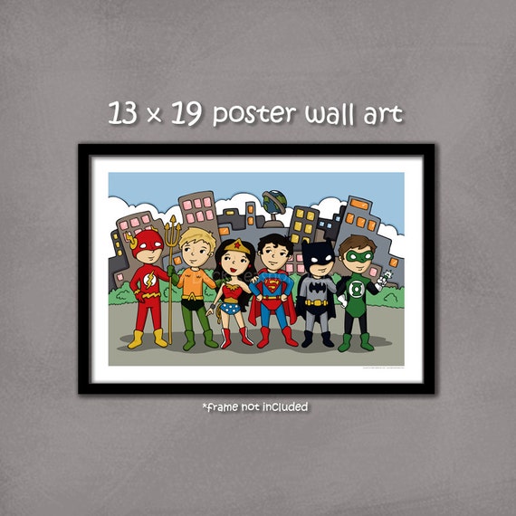 Superhero Justice League art print, 13x19 print, Superman, Wonder Woman, Green Lantern, Flash, Aquaman, Batman