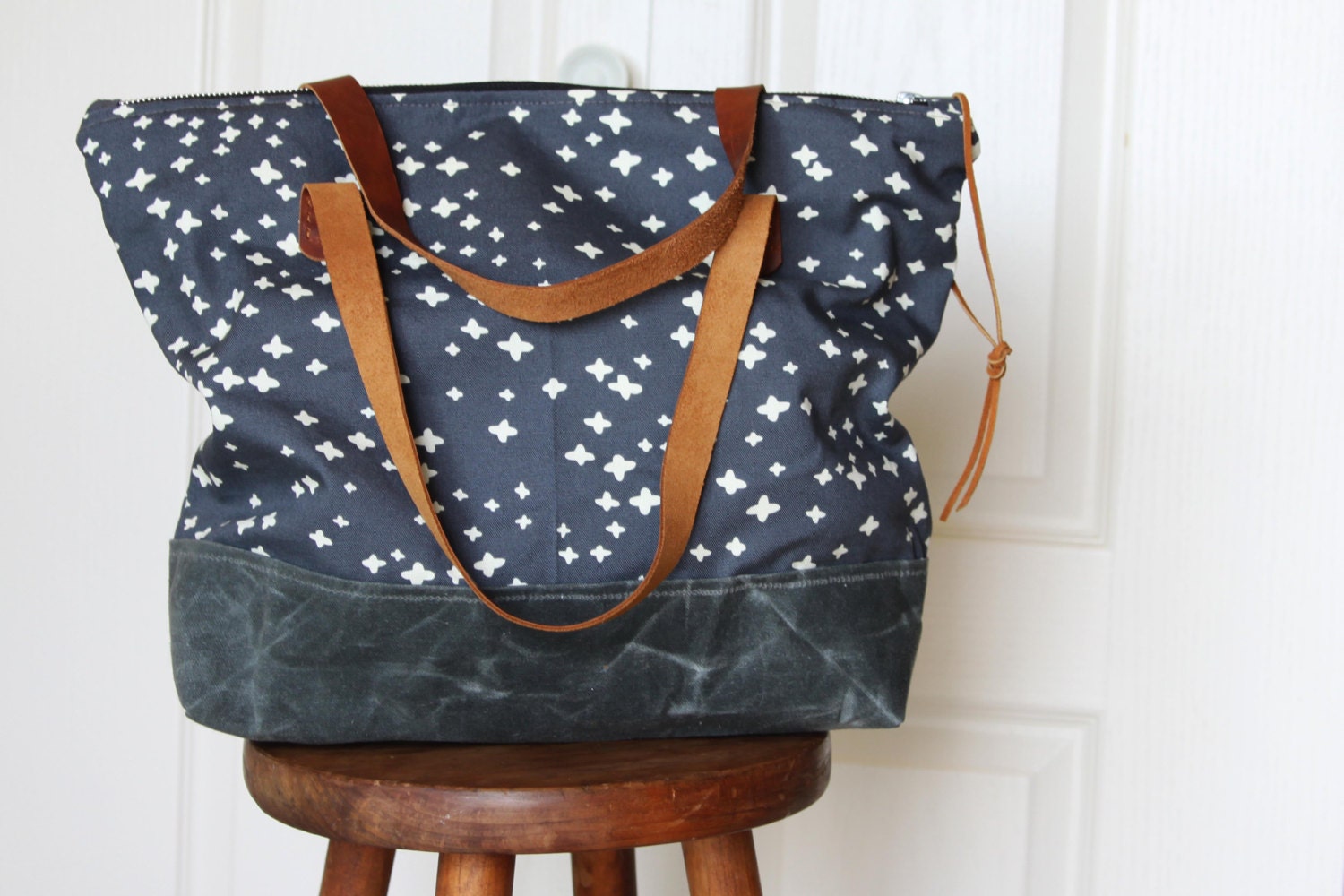 Organic Cotton Canvas Tote Bag with Leather Handles and Waxed