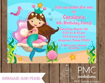 Custom Printed Brunette Mermaid Birthday Invitations - 1.00 each with envelope