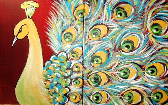 Items similar to PEACOCK Original Acrylic Painting on Canvas two pieces