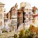Watercolor Original Painting - Purple Orange Sunny Street, Brown Houses, Buildings Urban Landscape - 8.2x11.5 in