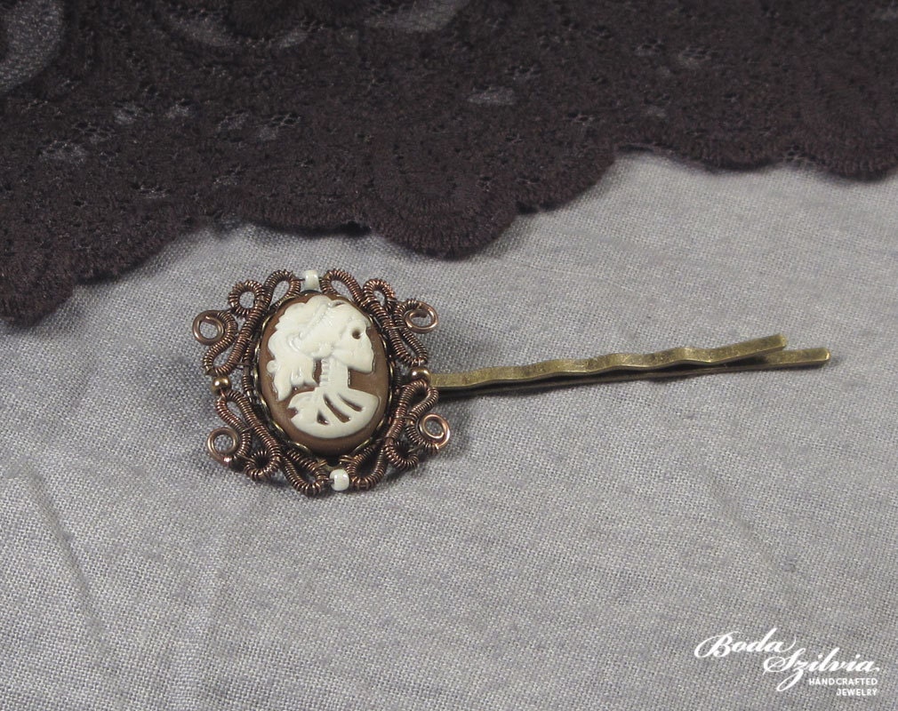 SKULL cameo HAIR PIN  - wire wrapped bobby pin, cameo hair pin, skull jewelry, gothic hair pin, victorian jewelry, gothic jewelry, steampunk