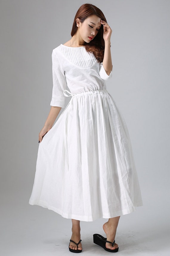 white linen dress pleated dress elastic waist dress three