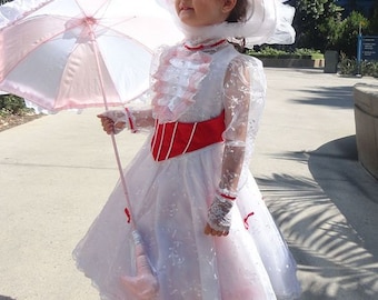 Jolly Holiday KIDS Mary Poppins Custom Made Costume with Red Satin Corset and Pink Petticoat Child sizes 2-14
