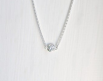 Tiny crystal necklace - round clear crystal necklace - cubic zirconia ...