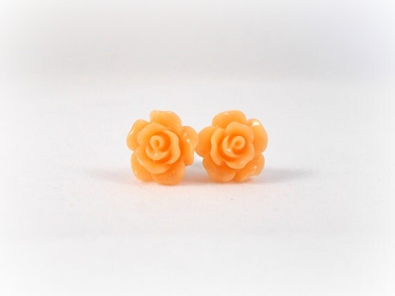 Orange Rose Earrings Surgical Steel Stud Earrings by foreverandrea