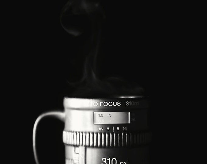 Coffee Shop Photography- Morning Coffee, java, coffee, wall decor, steam, camera, brown, black, white, camera lens
