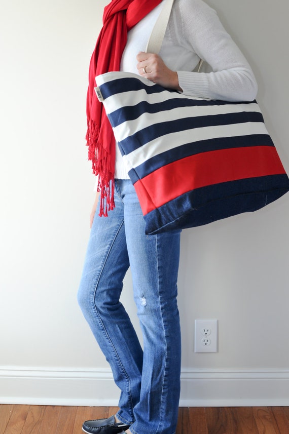 EXTRA Large Beach Bag  Tote in Navy Horizontal Stripes with Red ...