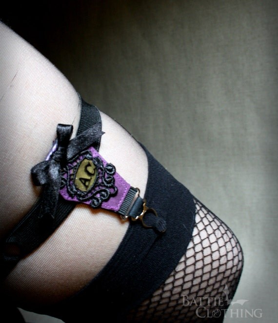 Items similar to Purple leather gothic leg garter, personalised coffin