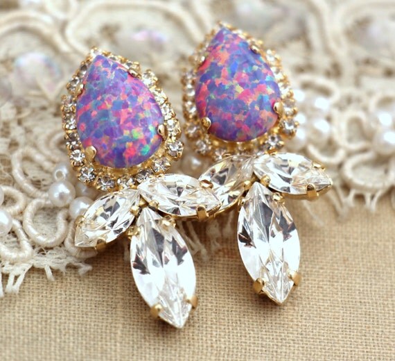 Opal Purple White chandelier earrings Drop earrings  - Swarovski opal studs, fashion jewelry,Swarovski crystal earrings gold plated