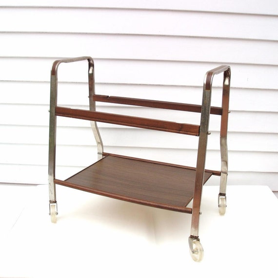 Vintage Metal TV Stand Rolling Bar Cart Rustic Serving Trolley Faux Wood Decor 1950s Television