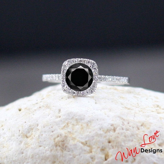 Black Spinel & Diamond Cushion Halo Engagement Ring 1ct 6mm 14k 18k ...