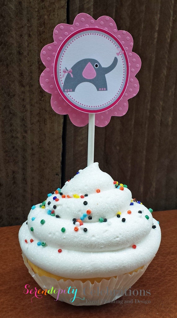 Set of 12 Personalized Pink and Grey Elephant Heart Cupcake Toppers - Elephant Birthday -Elephant Party -Elephant Il_570xn