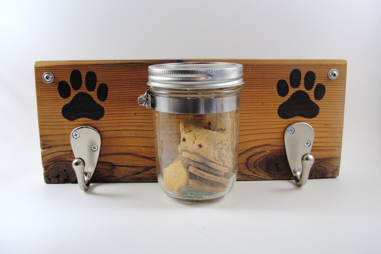 CUSTOM ORDERdog leash treat holder mason jar wall mount paw