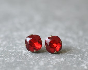 Ruby Red Earrings Swarovski Crystal Bright Red Square Stud Earrings Red Bridesmaid Mashugana