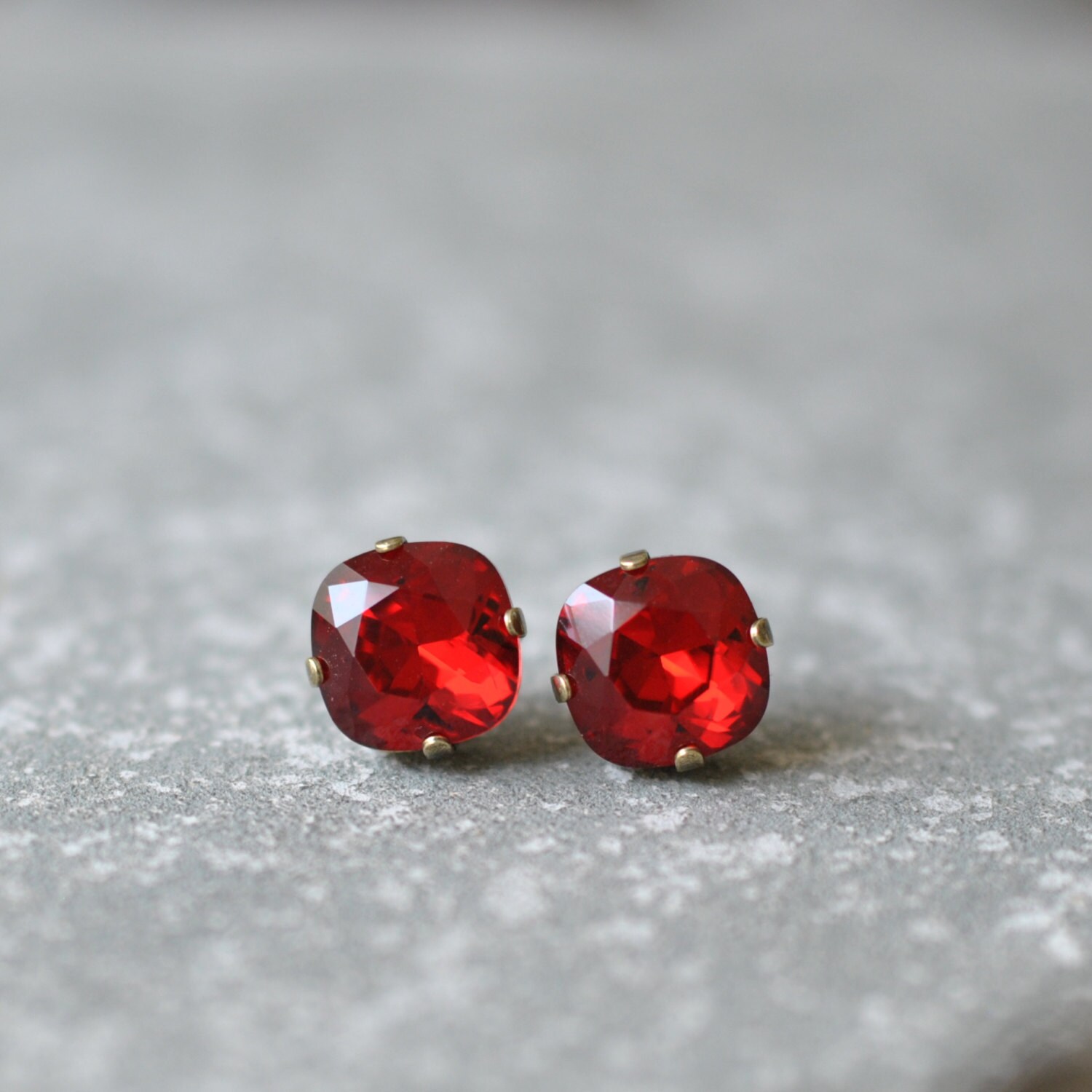 Ruby Red Earrings Swarovski Crystal Bright Red Square Stud