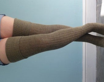 Khaki BROWN Army Surplus Chic Thigh High Tall Socks - Knitted Wool Extra Long Better than LEG warmers - Autumn Diesel Punk Steampunk Tights