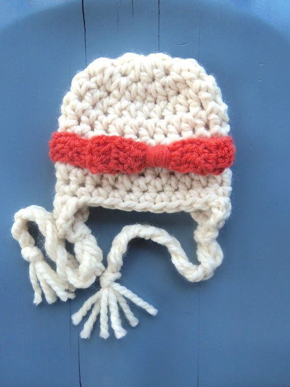 Items similar to Cream and Peach/Coral Girl Beanie Hat Tuque, SIZE