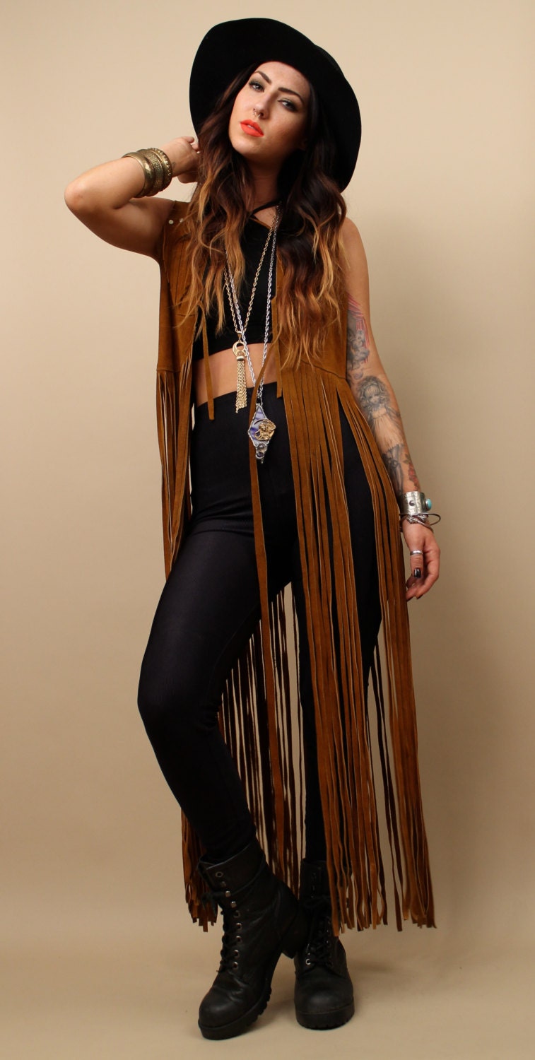 60s 70s Vtg Floor Length FRiNGE Leather Hippie VEST Jacket