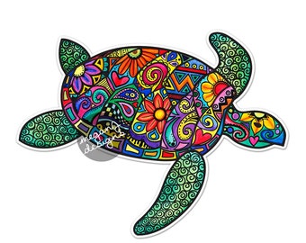 Sea Turtle Car Decal Colorful Design Bumper Sticker Laptop Decal Pink Green Teal Yellow Beach Flowers Cute Car Decal Hippie Boho Tribal