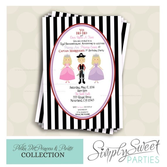 Princess and Pirates Birthday Party DIY printable PDF Invitation for TRIPLETS Il_570xn