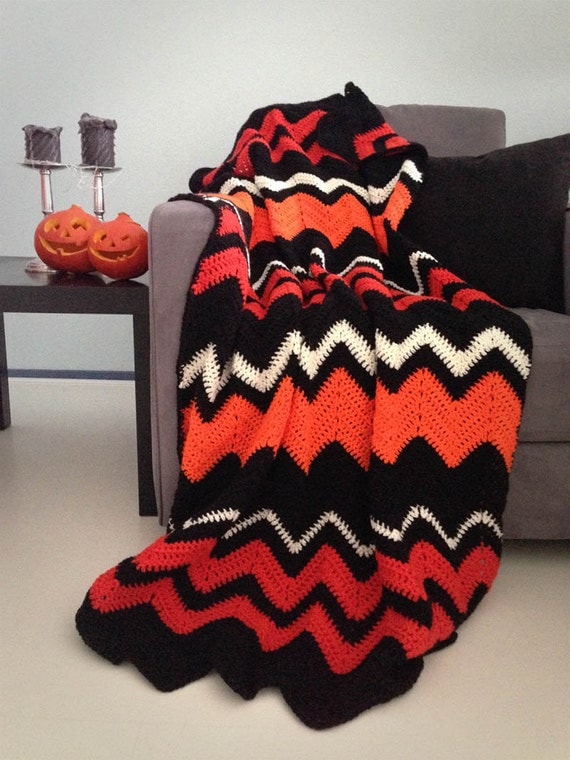 Halloween blanket - Halloween decor spooky orange and black chevron crochet afghan throw -> made to order