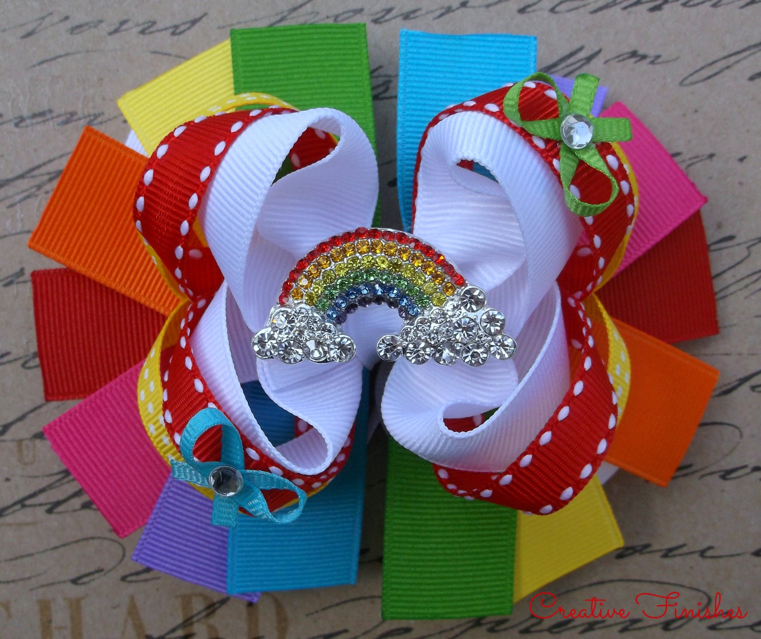  Rainbow Hair Bow  Large Rhinestone Center by 