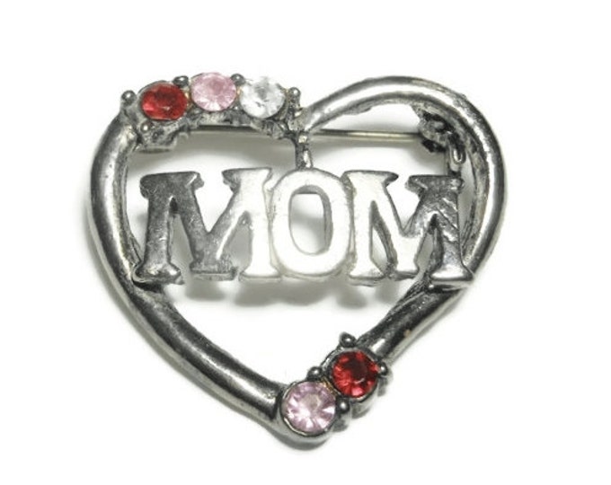 FREE SHIPPING Mom heart brooch - Silver plate with red, pink and clear rhinestones