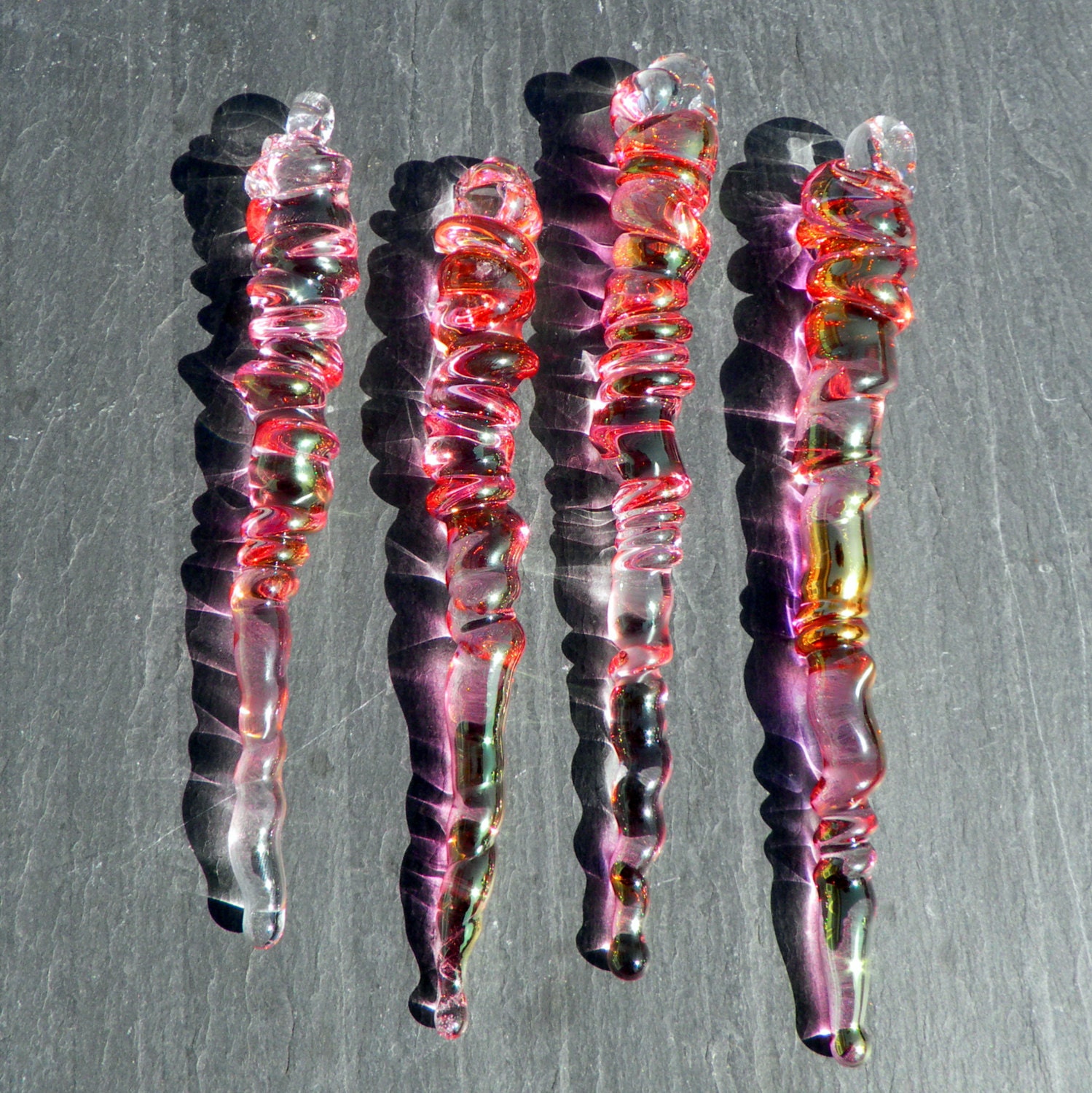 Pink Glass Icicles, Christmas Holiday Ornaments Handblown Gold