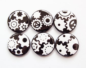 Magnet set, Magnets, Fridge Magnets, button magnets, Kitchen Magnets, Abstract Design, Black White, Gears, Locker Magnets (3761)