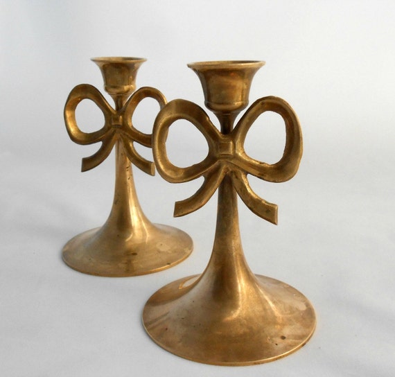 Pair Brass Ribbon Bow Candle Holders 5 1/2in tall by my3luvbugs