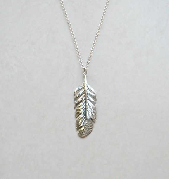 Sterling silver feather necklace large feather by crashandduchess