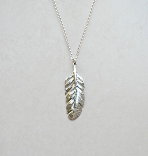 Sterling silver feather necklace large feather by crashandduchess