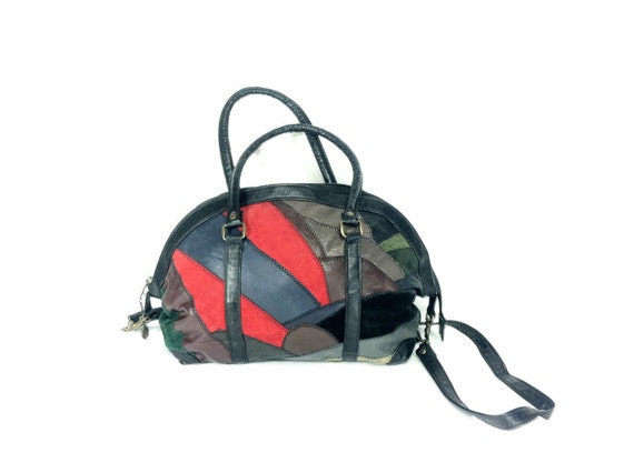 Patchwork Leather Satchel - 80s Leather Bag - Large Colorful Purse ...