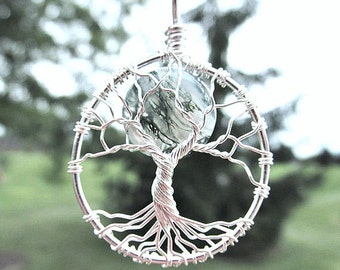 Silver Midwifery Tree of Life Necklace- Moss Agate Birthing Crystal- Gift for MIdwife, Doula, Birth, Labor