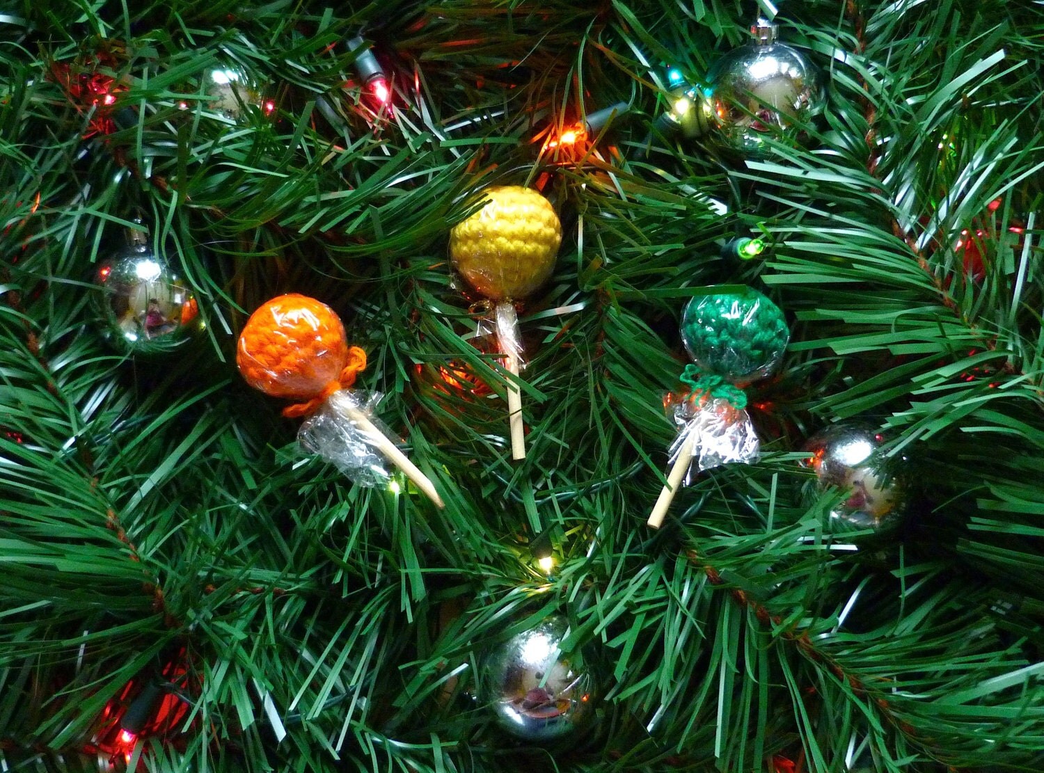 Christmas Ornament Crochet Lollipop Sucker Candy Needlecraft Handmade Decoration Set of 3 Orange Yellow Green Holiday Package Decor