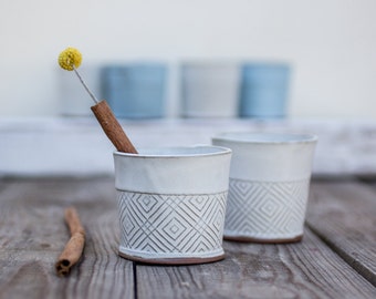 Ceramic Espresso Cup, coffee lovers gift, Espresso Cups in white Geometric Pattern, Ceramic tumbler, White tea mug, Unique pottery cup