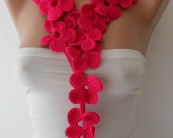 Winter Chic - Handknit flowered scarf - Pink Scarf