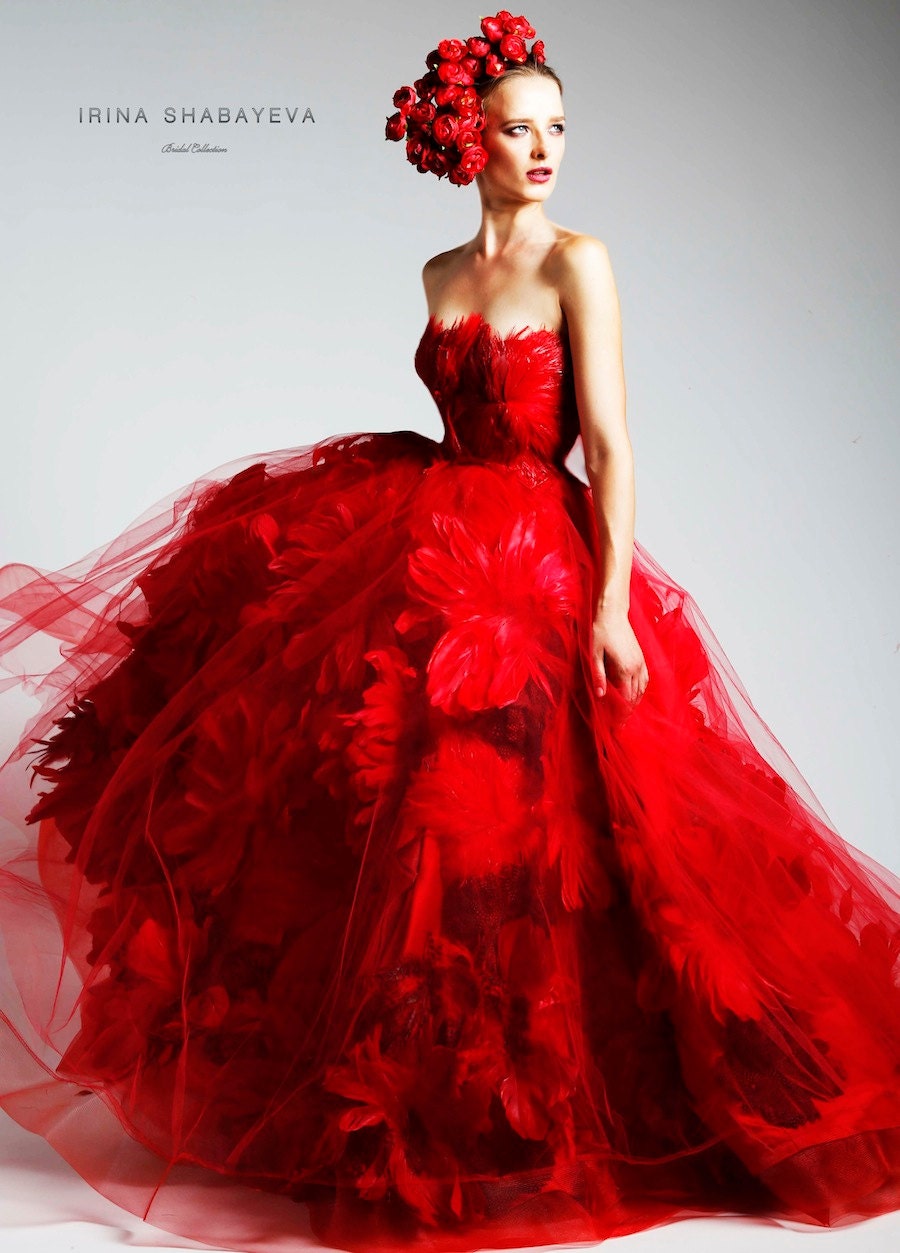 Irina Shabayeva Red Couture Feather Bouquet Ball Gown