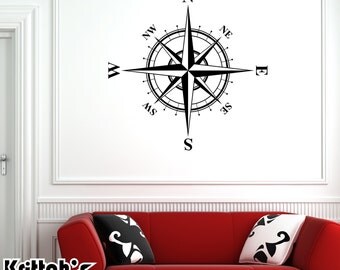 Compass Rose with Times Font Vinyl Wall Decal, 40 colors to pick from home decor sticker K552