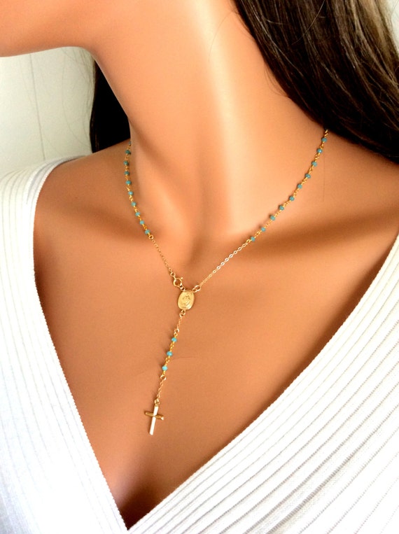 Aqua Chalcedony Rosary Necklace 14kt by divinitycollection on Etsy