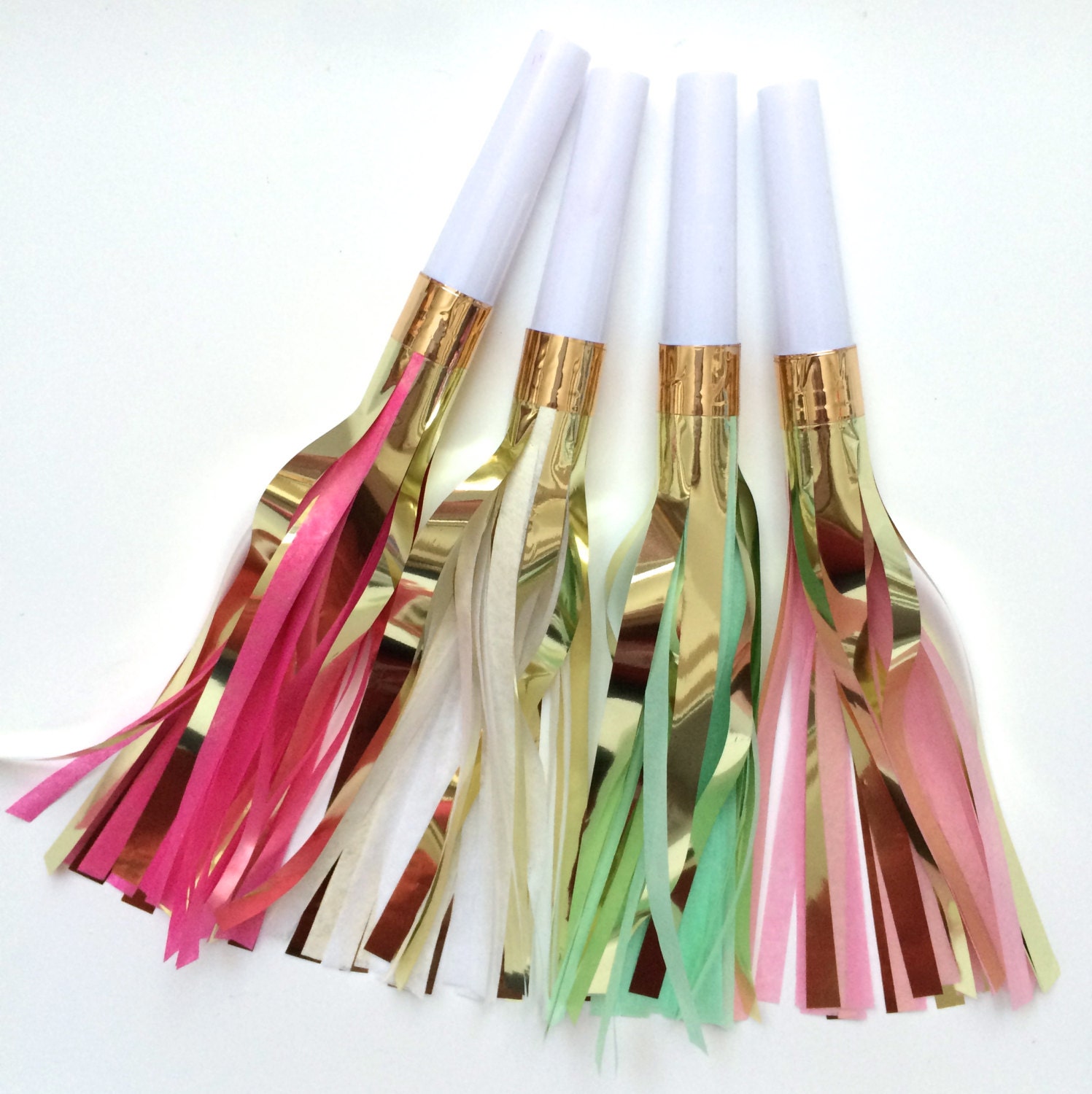 10 Party fringe metallic tassel noisemakers horns