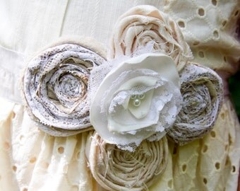 Wedding dress sash belt bridesmaids maternity sash fabric flower ivory cream taupe pearl lace bridal sash photo prop upcycled wedding sash