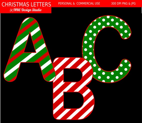 Cute Font Clip Art - Christmas Letters Clip Art - Digital Christmas Font Clipart - Stripes, Polka Dots, Red, Green Il_570xn