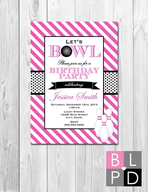 Bowling Party Invitation - Stripes - Pink White and Black - DIY - Printable Il_570xn