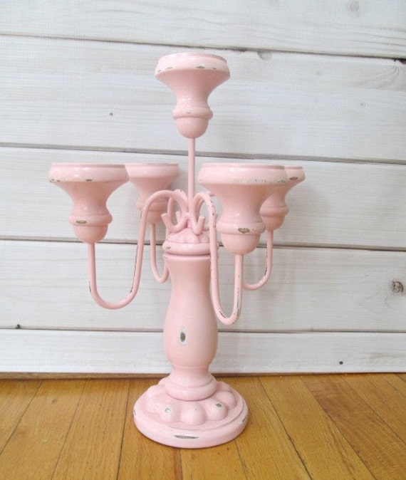 Vintage Pink Candelabra Candle Holder 5 Taper Wood Metal
