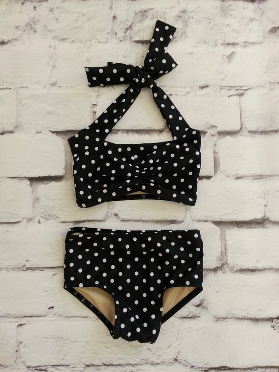 Retro Black and white polka dot bikini Girls size by RedDollyGirls