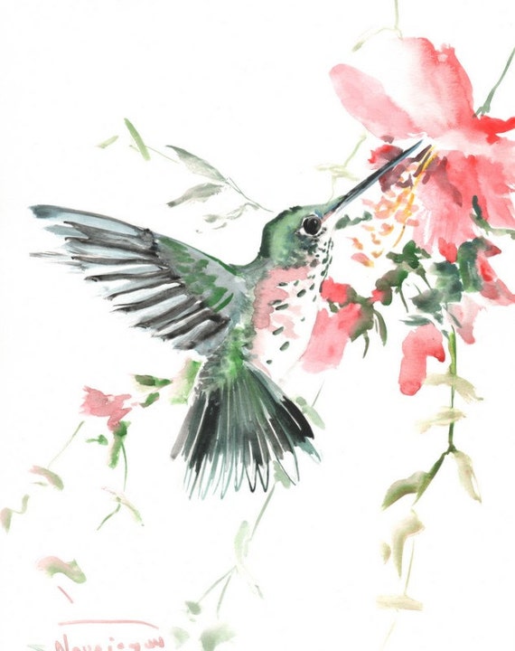 Hummingbird with red flowers Original watercolor painting 14