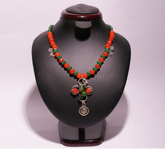 green jade , sunstone necklace in handmade wire wrapped jewelry handmade-wire wrapped