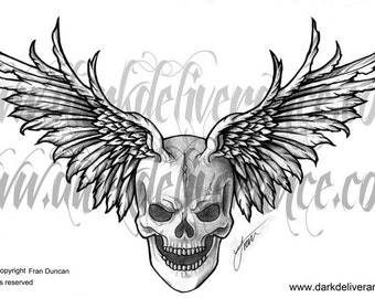 winged skull, tattoo design, flash. instant download, no postage